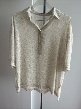 Jennifer Moore Boxy Tunic Top Collared Shirt Nature Theme Sheer Ivory Beige L